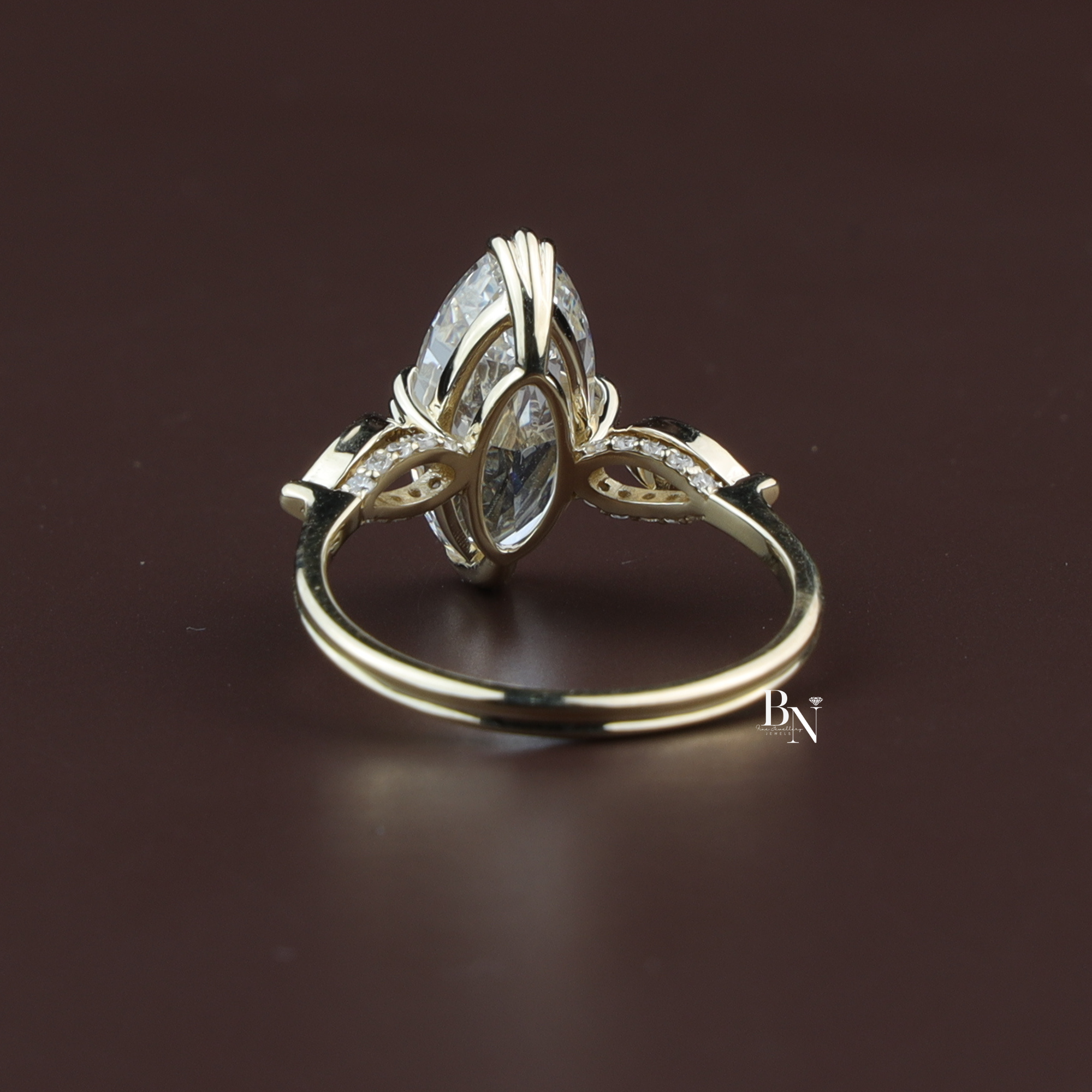 Moval Cut Lab Diamond Engagement Ring, 3 Carat Look Solitaire, Vertical Petal Basket, 14k Gold Bridal Ring