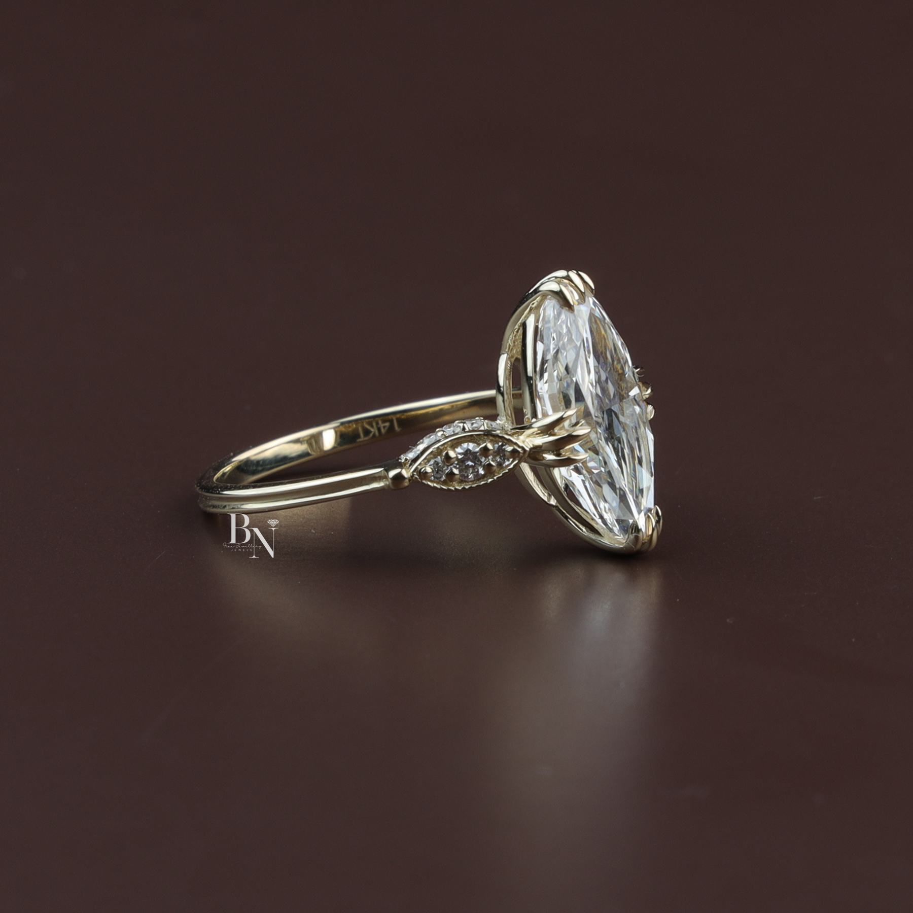 Moval Cut Lab Diamond Engagement Ring, 3 Carat Look Solitaire, Vertical Petal Basket, 14k Gold Bridal Ring