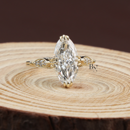Moval Cut Lab Diamond Engagement Ring, 3 Carat Look Solitaire, Vertical Petal Basket, 14k Gold Bridal Ring