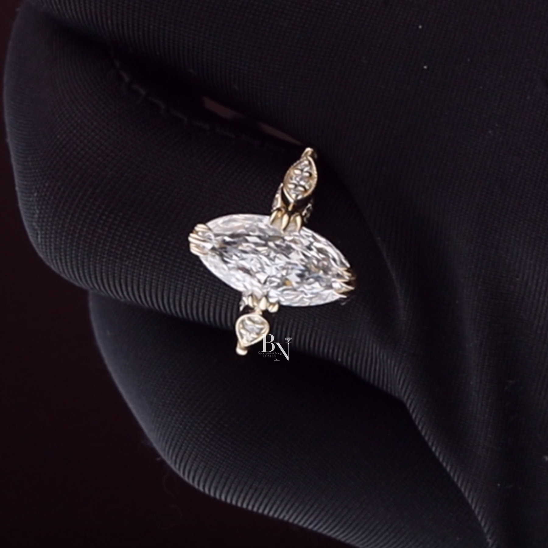 Moval Cut Lab Diamond Engagement Ring, 3 Carat Look Solitaire, Vertical Petal Basket, 14k Gold Bridal Ring
