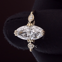 Moval Cut Lab Diamond Engagement Ring, 3 Carat Look Solitaire, Vertical Petal Basket, 14k Gold Bridal Ring