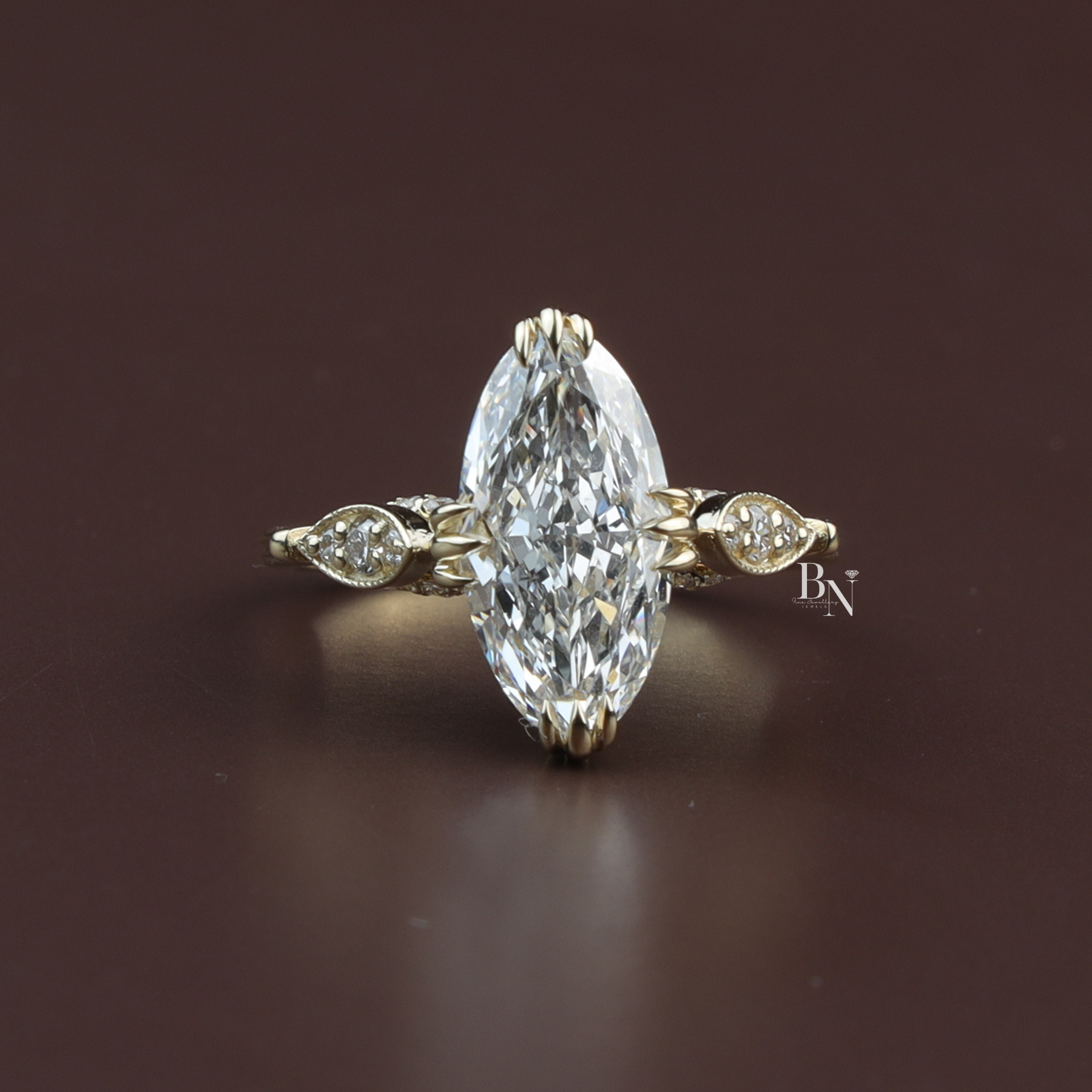 Moval Cut Lab Diamond Engagement Ring, 3 Carat Look Solitaire, Vertical Petal Basket, 14k Gold Bridal Ring