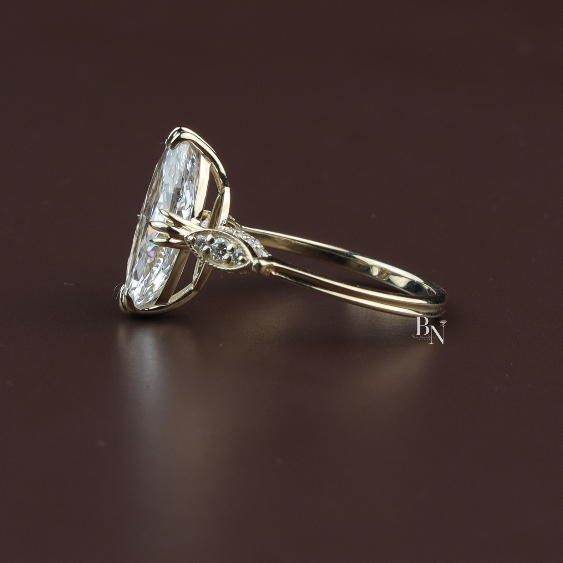 Moval Cut Lab Diamond Engagement Ring, 3 Carat Look Solitaire, Vertical Petal Basket, 14k Gold Bridal Ring