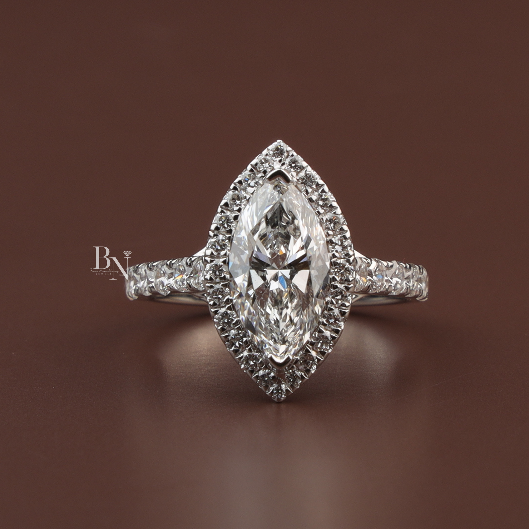 Marquise Cut Lab Diamond Engagement Ring, 1.50 Carat Center Stone, Halo Pavé Band