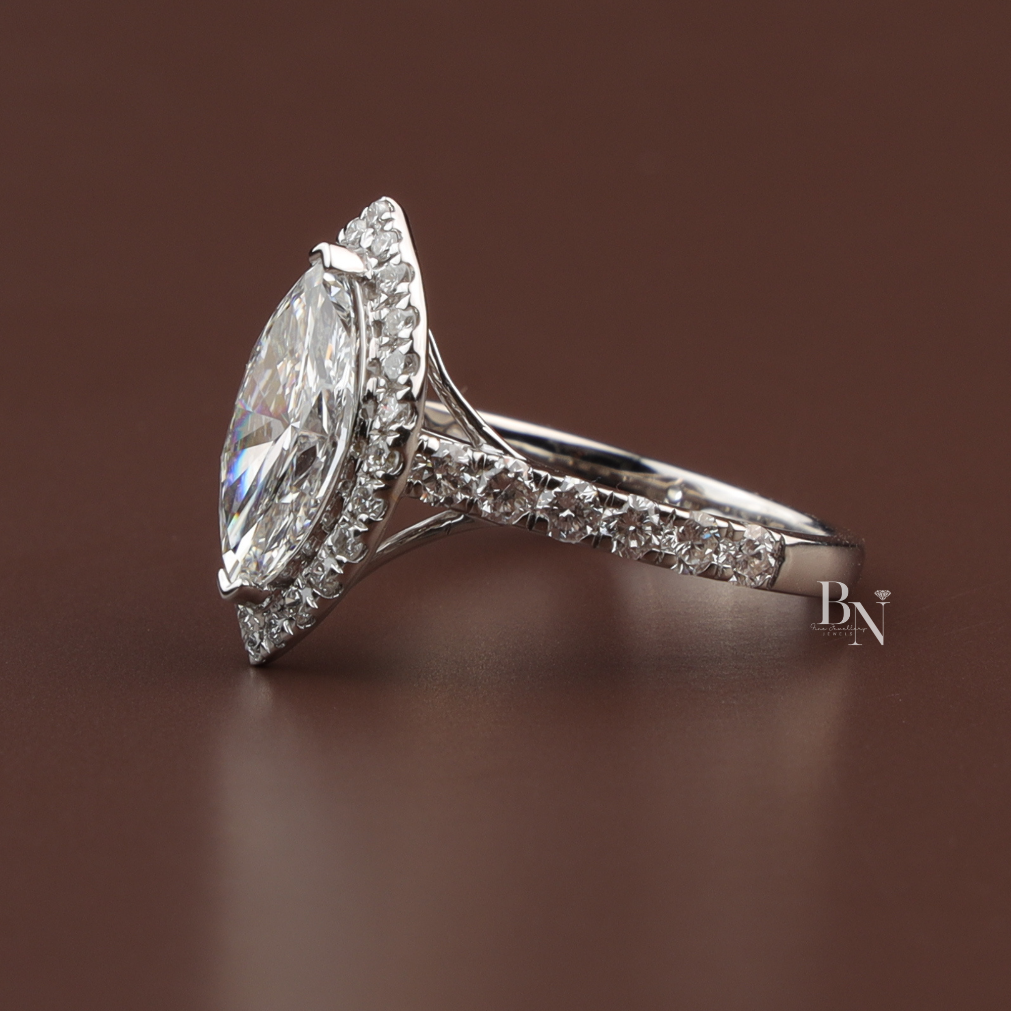 Marquise Cut Lab Diamond Engagement Ring, 1.50 Carat Center Stone, Halo Pavé Band