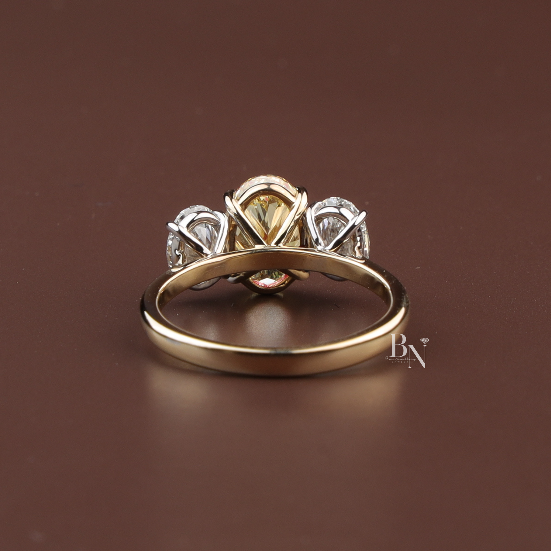 Fancy Yellow Oval Lab Diamond Three Stone Ring, 1.50 Carat Look Center, 10k Yellow Gold Trilogy Ring