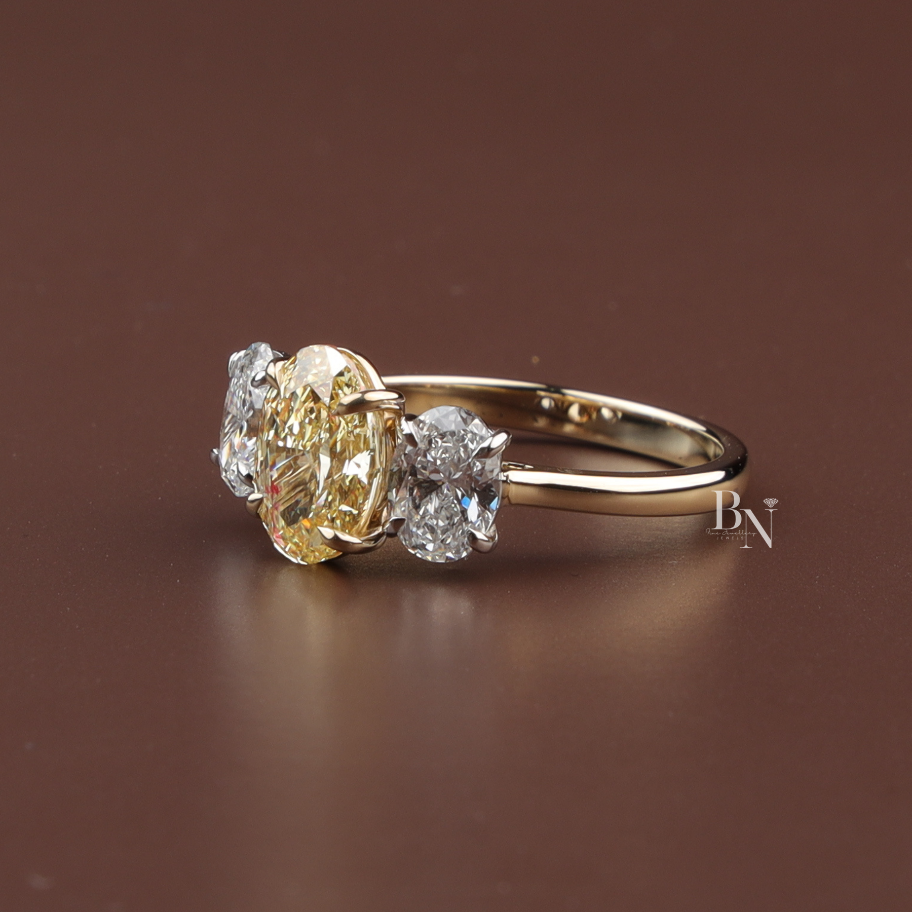 Fancy Yellow Oval Lab Diamond Three Stone Ring, 1.50 Carat Look Center, 10k Yellow Gold Trilogy Ring
