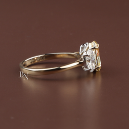 Fancy Yellow Oval Lab Diamond Three Stone Ring, 1.50 Carat Look Center, 10k Yellow Gold Trilogy Ring