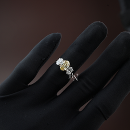 Fancy Yellow Oval Lab Diamond Three Stone Ring, 1.50 Carat Look Center, 10k Yellow Gold Trilogy Ring
