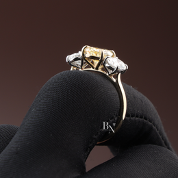 Fancy Yellow Oval Lab Diamond Three Stone Ring, 1.50 Carat Look Center, 10k Yellow Gold Trilogy Ring