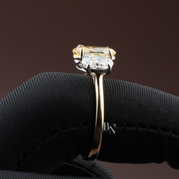 Fancy Yellow Oval Lab Diamond Three Stone Ring, 1.50 Carat Look Center, 10k Yellow Gold Trilogy Ring