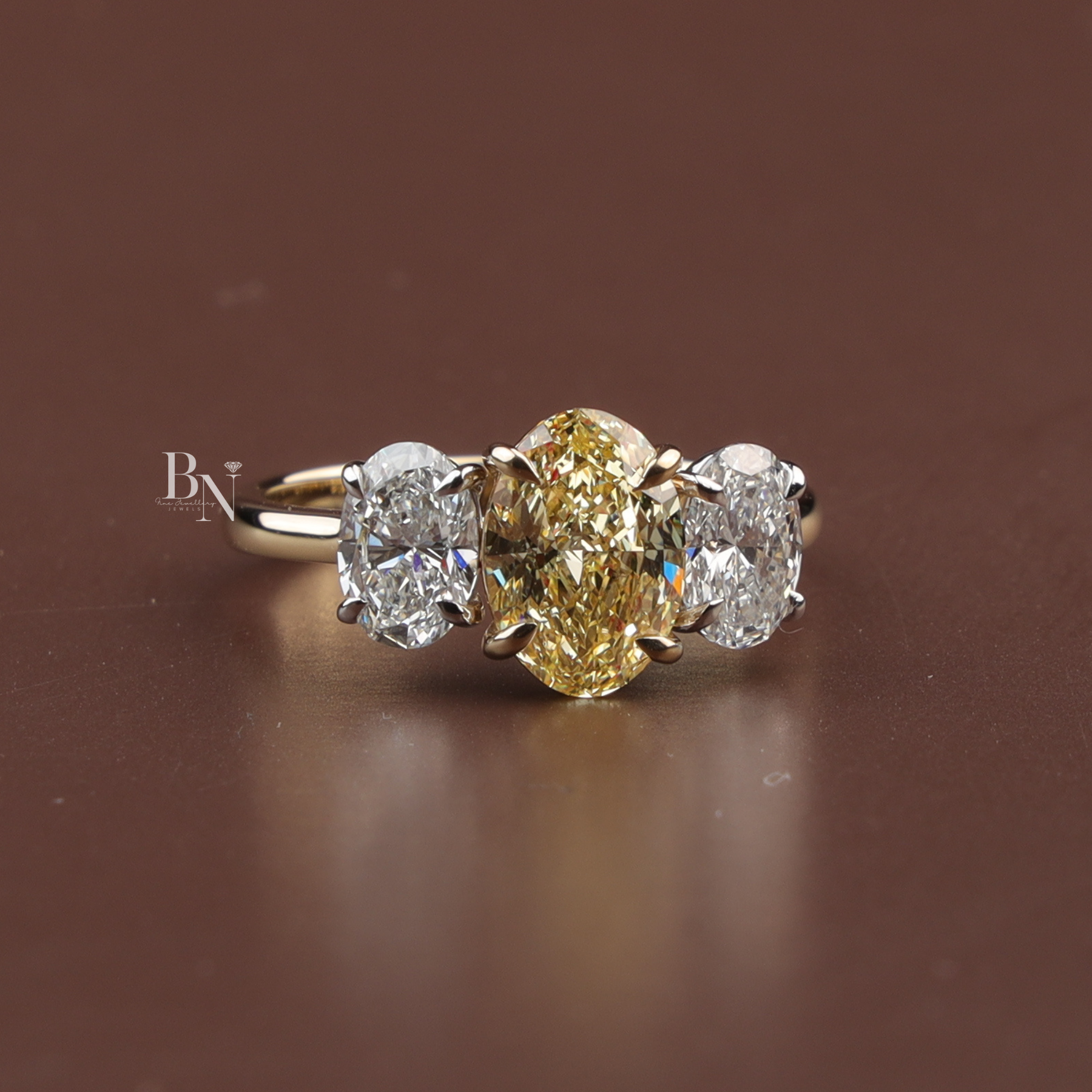 Fancy Yellow Oval Lab Diamond Three Stone Ring, 1.50 Carat Look Center, 10k Yellow Gold Trilogy Ring