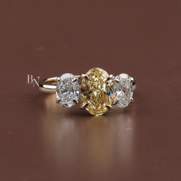 Fancy Yellow Oval Lab Diamond Three Stone Ring, 1.50 Carat Look Center, 10k Yellow Gold Trilogy Ring