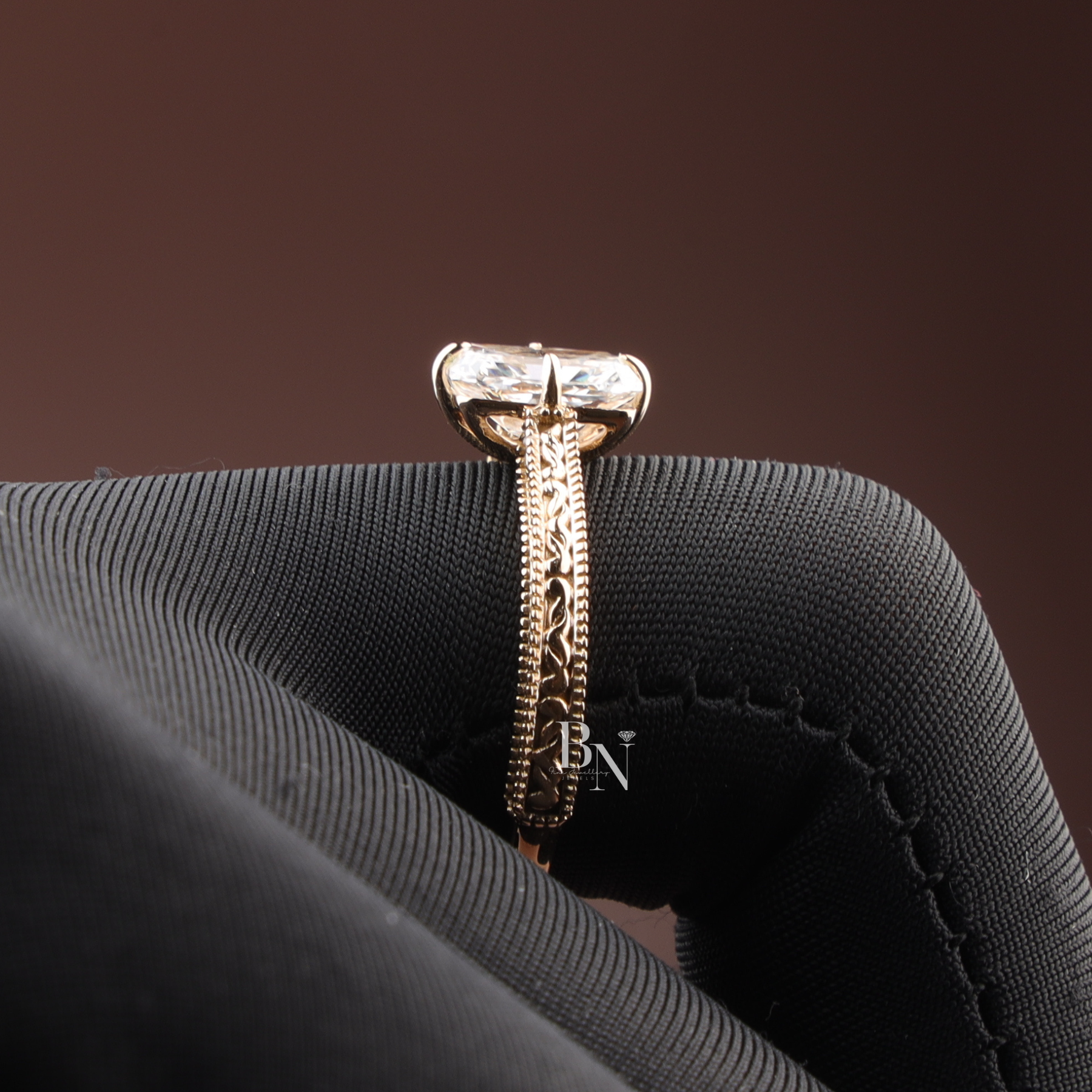 Radiant Cut Lab Diamond Engagement Ring, 1.35 Carat Solitaire, Vintage Engraved Band, 18k Yellow Gold Ring