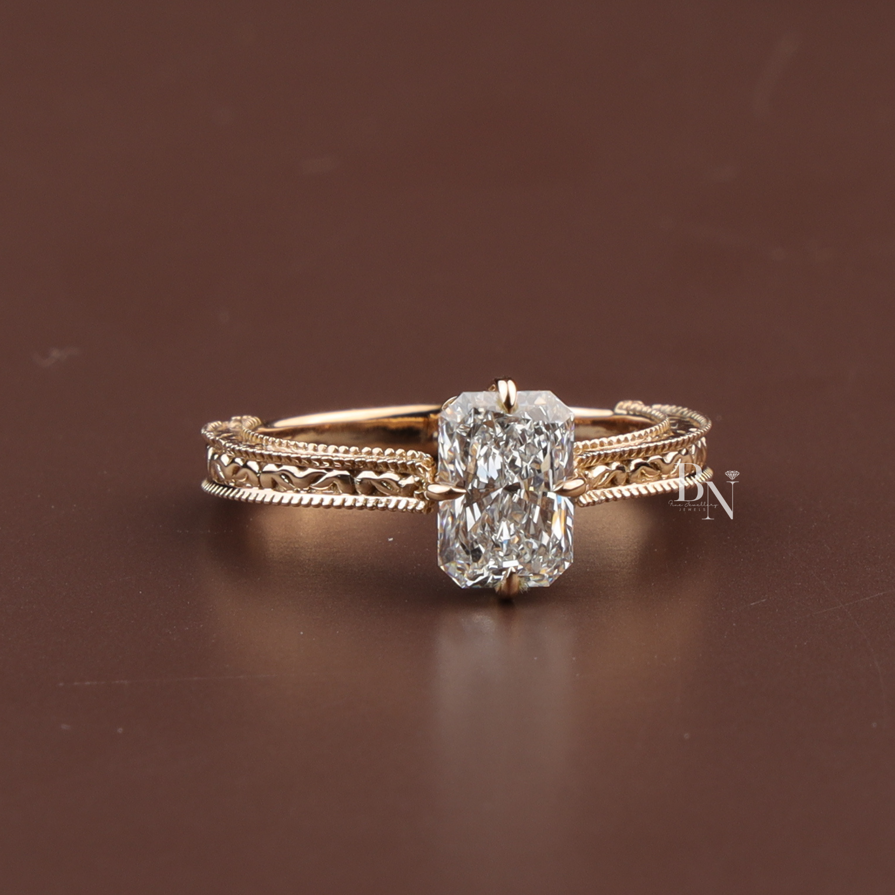 Radiant Cut Lab Diamond Engagement Ring, 1.35 Carat Solitaire, Vintage Engraved Band, 18k Yellow Gold Ring
