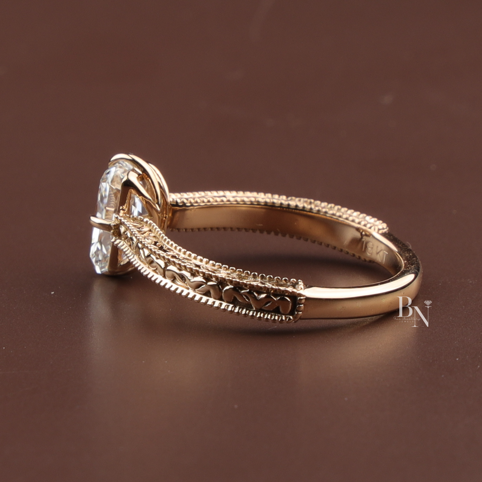 Radiant Cut Lab Diamond Engagement Ring, 1.35 Carat Solitaire, Vintage Engraved Band, 18k Yellow Gold Ring