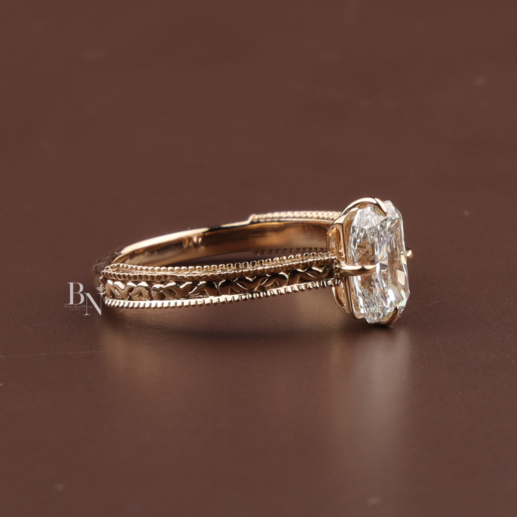 Radiant Cut Lab Diamond Engagement Ring, 1.35 Carat Solitaire, Vintage Engraved Band, 18k Yellow Gold Ring