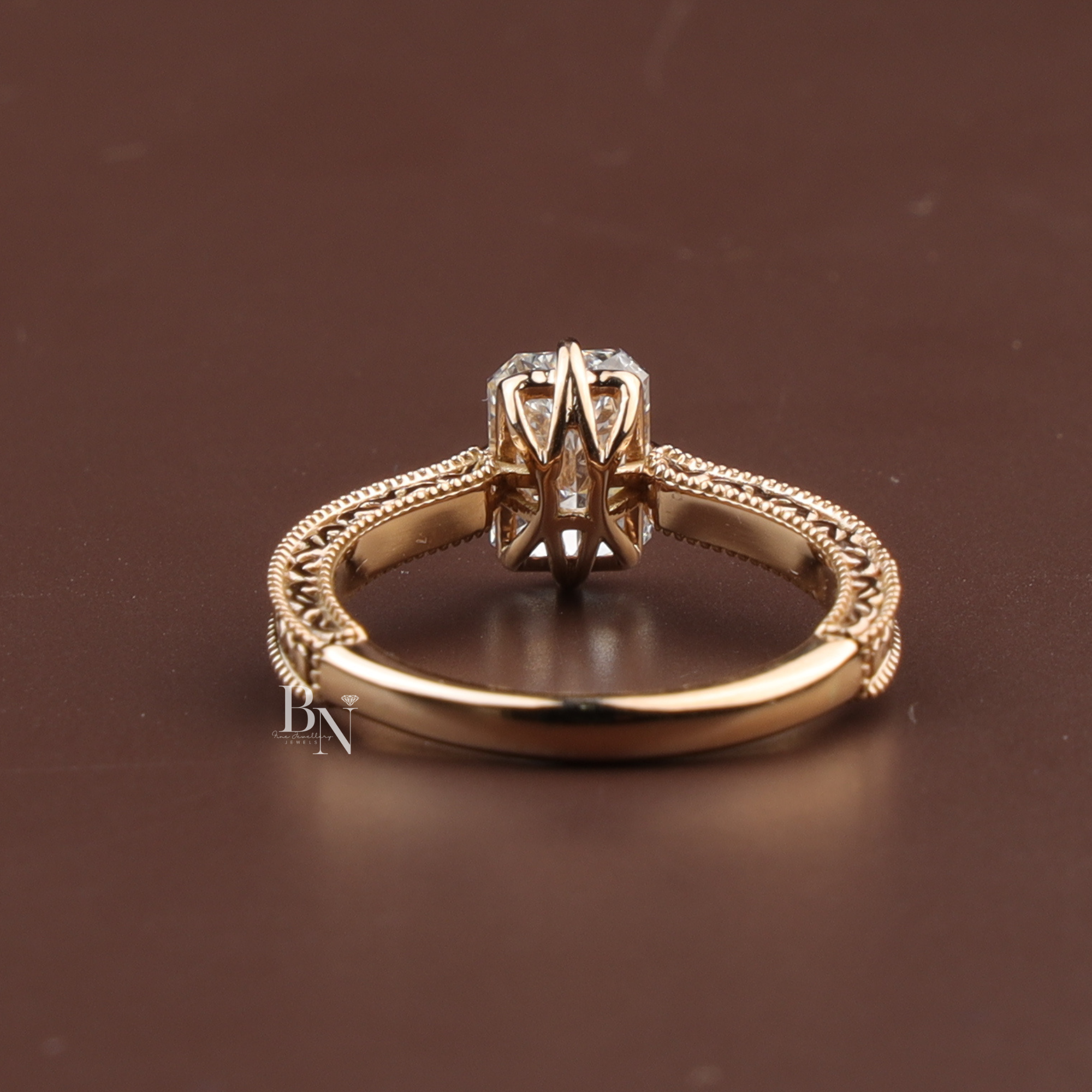 Radiant Cut Lab Diamond Engagement Ring, 1.35 Carat Solitaire, Vintage Engraved Band, 18k Yellow Gold Ring