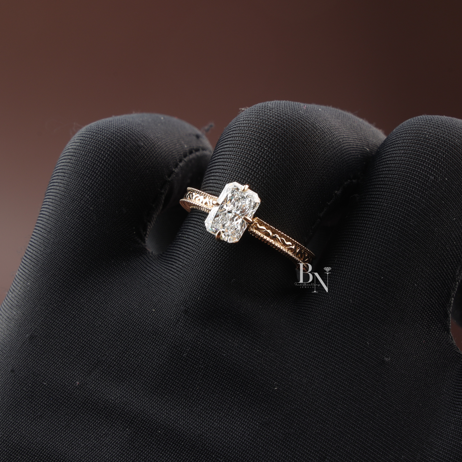 Radiant Cut Lab Diamond Engagement Ring, 1.35 Carat Solitaire, Vintage Engraved Band, 18k Yellow Gold Ring