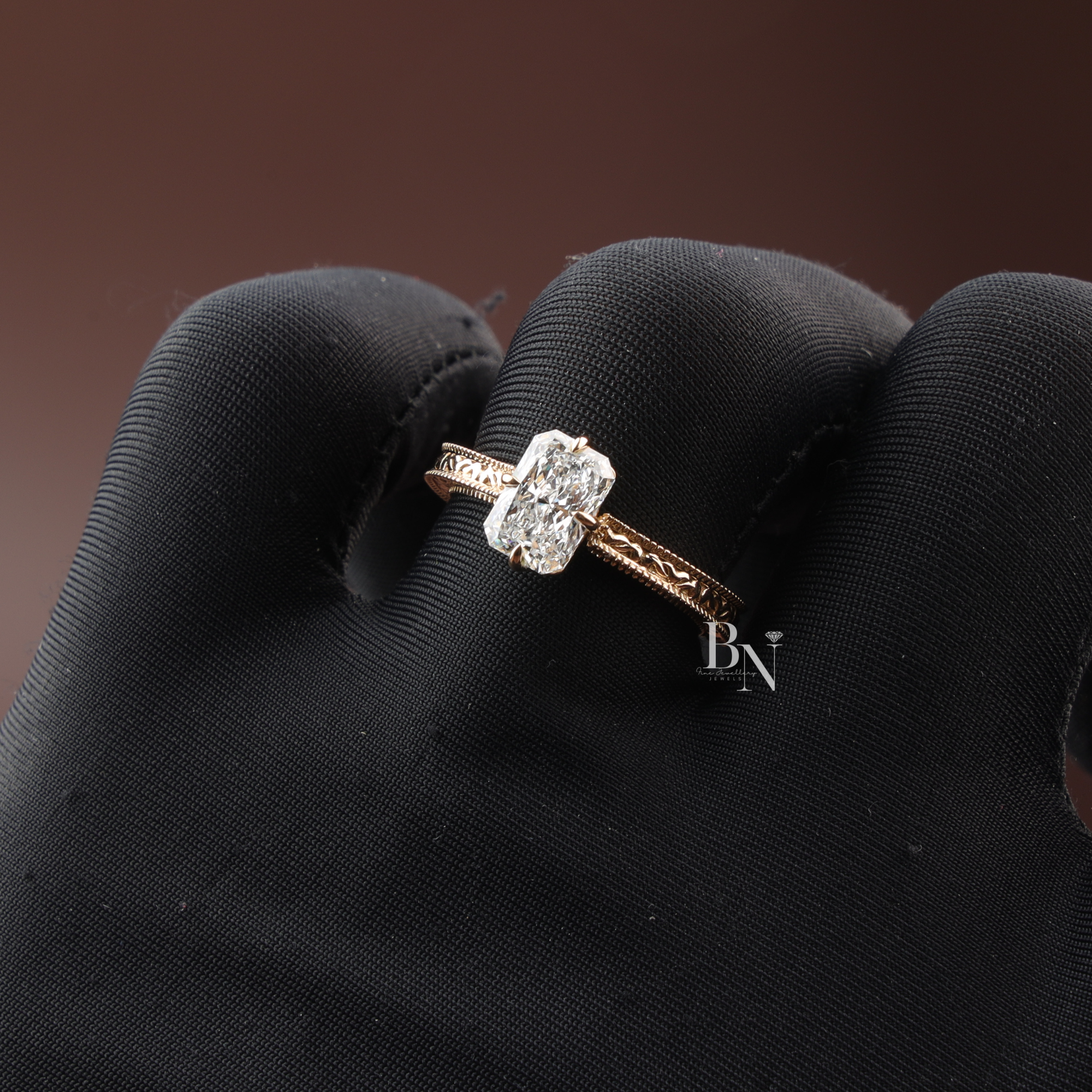 Radiant Cut Lab Diamond Engagement Ring, 1.35 Carat Solitaire, Vintage Engraved Band, 18k Yellow Gold Ring