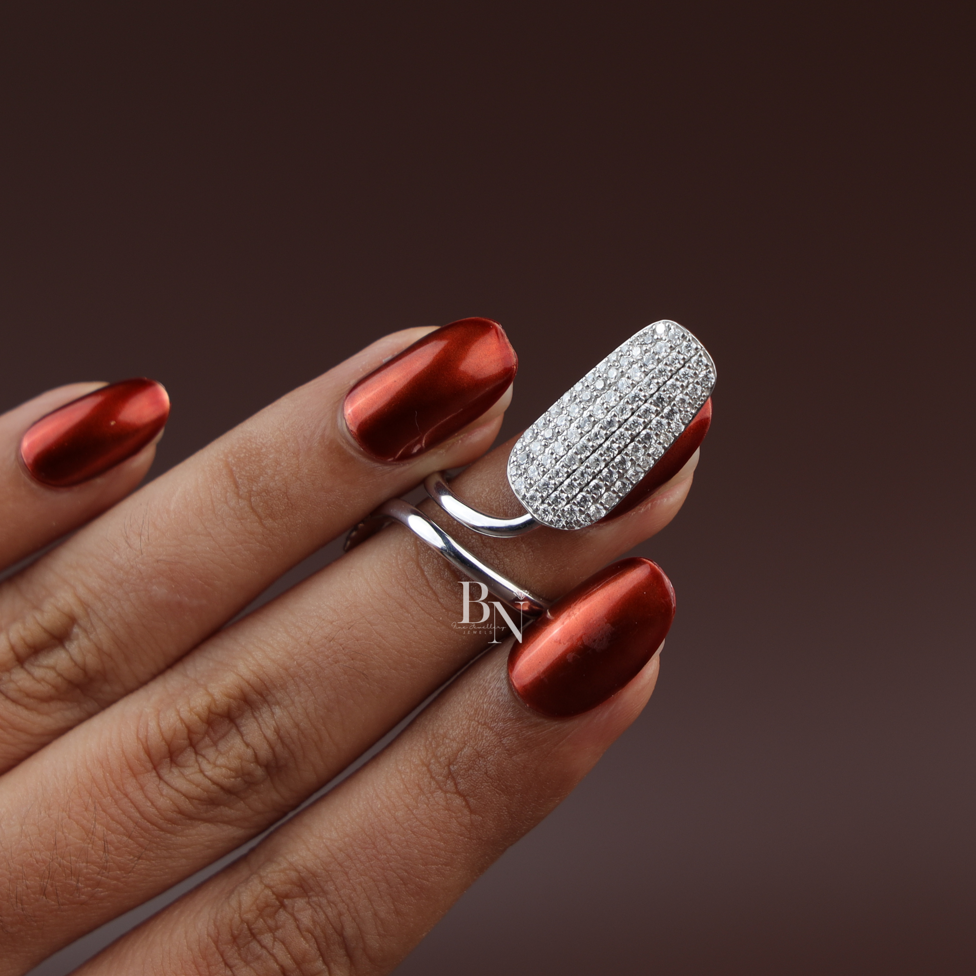 Pavé Lab Diamond Nail Ring, Statement Tip Ring, Luxury Nail Armor, 14k White Gold Fashion Ring