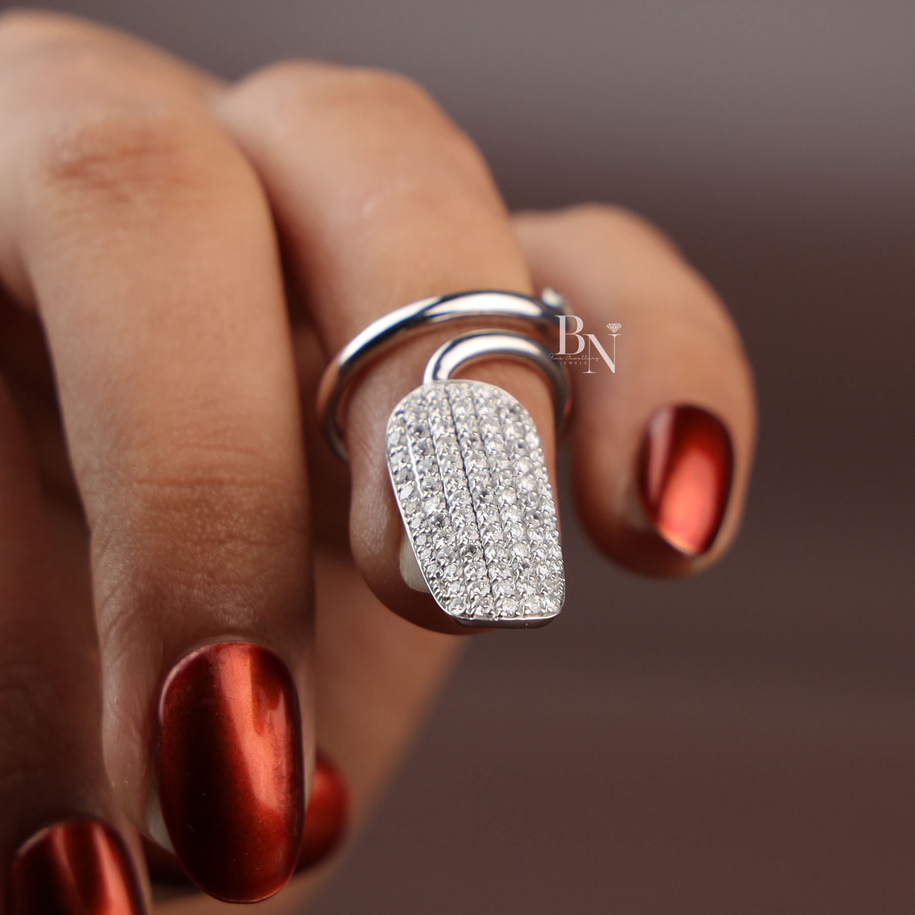 Pavé Lab Diamond Nail Ring, Statement Tip Ring, Luxury Nail Armor, 14k White Gold Fashion Ring