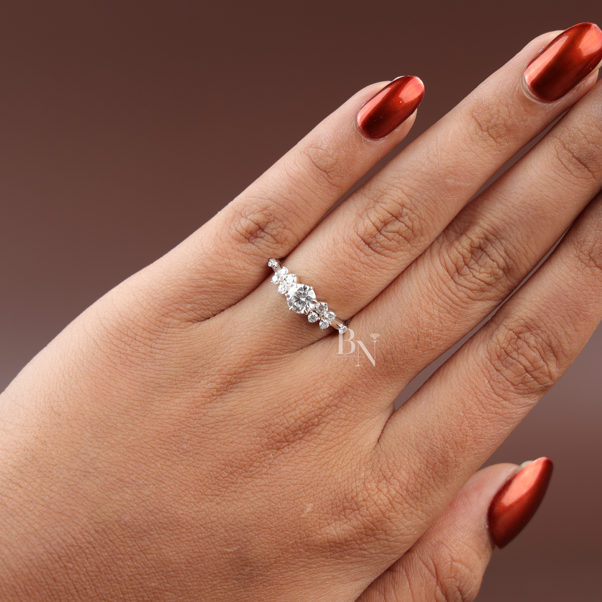 Round Brilliant Lab Diamond Cluster Ring, Floral Inspired Engagement Ring, Petite Cluster