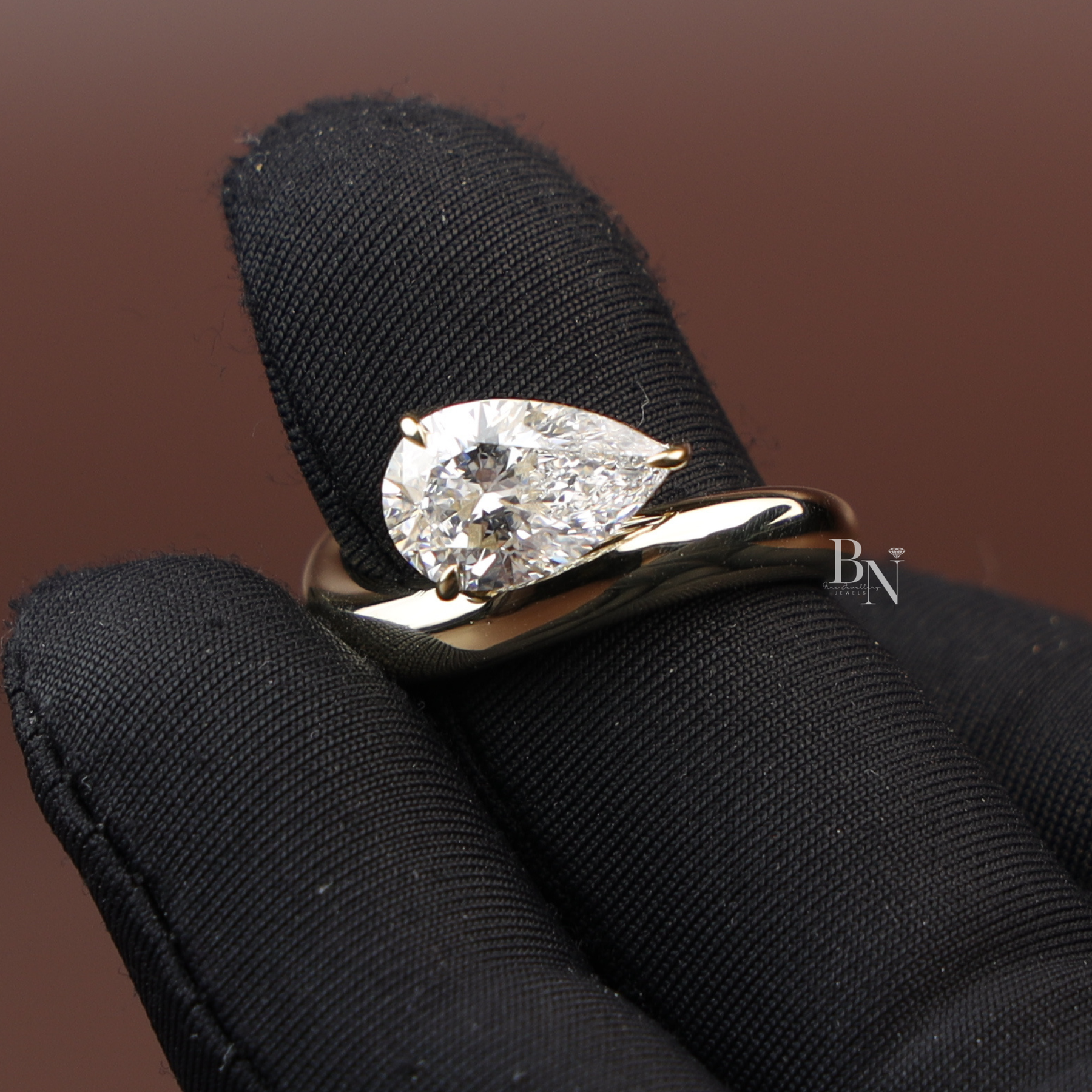 Pear Cut Lab Diamond Engagement Ring, 1.50 Carat Solitaire, Crossover Bypass Band, 14k Yellow Gold Ring