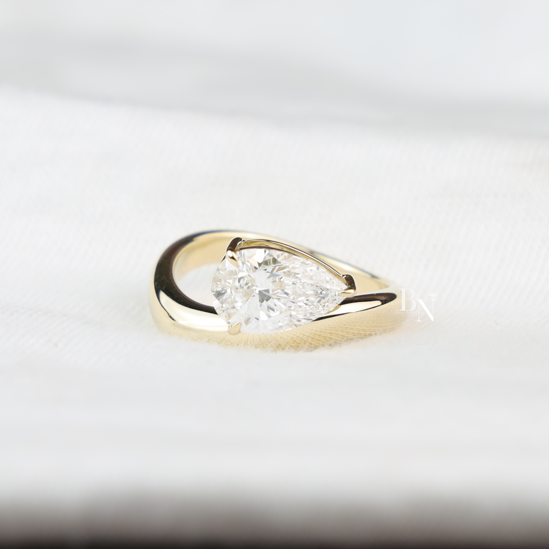 Pear Cut Lab Diamond Engagement Ring, 1.50 Carat Solitaire, Crossover Bypass Band, 14k Yellow Gold Ring