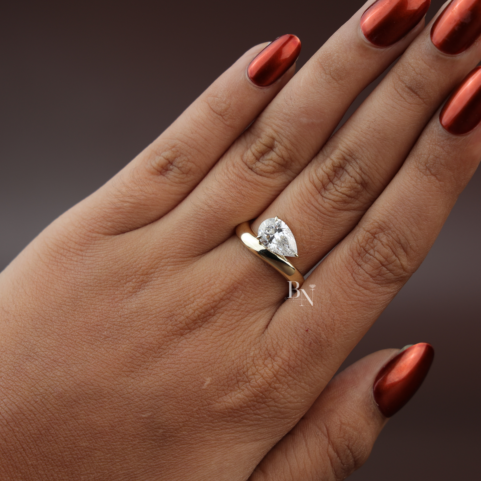 Pear Cut Lab Diamond Engagement Ring, 1.50 Carat Solitaire, Crossover Bypass Band, 14k Yellow Gold Ring