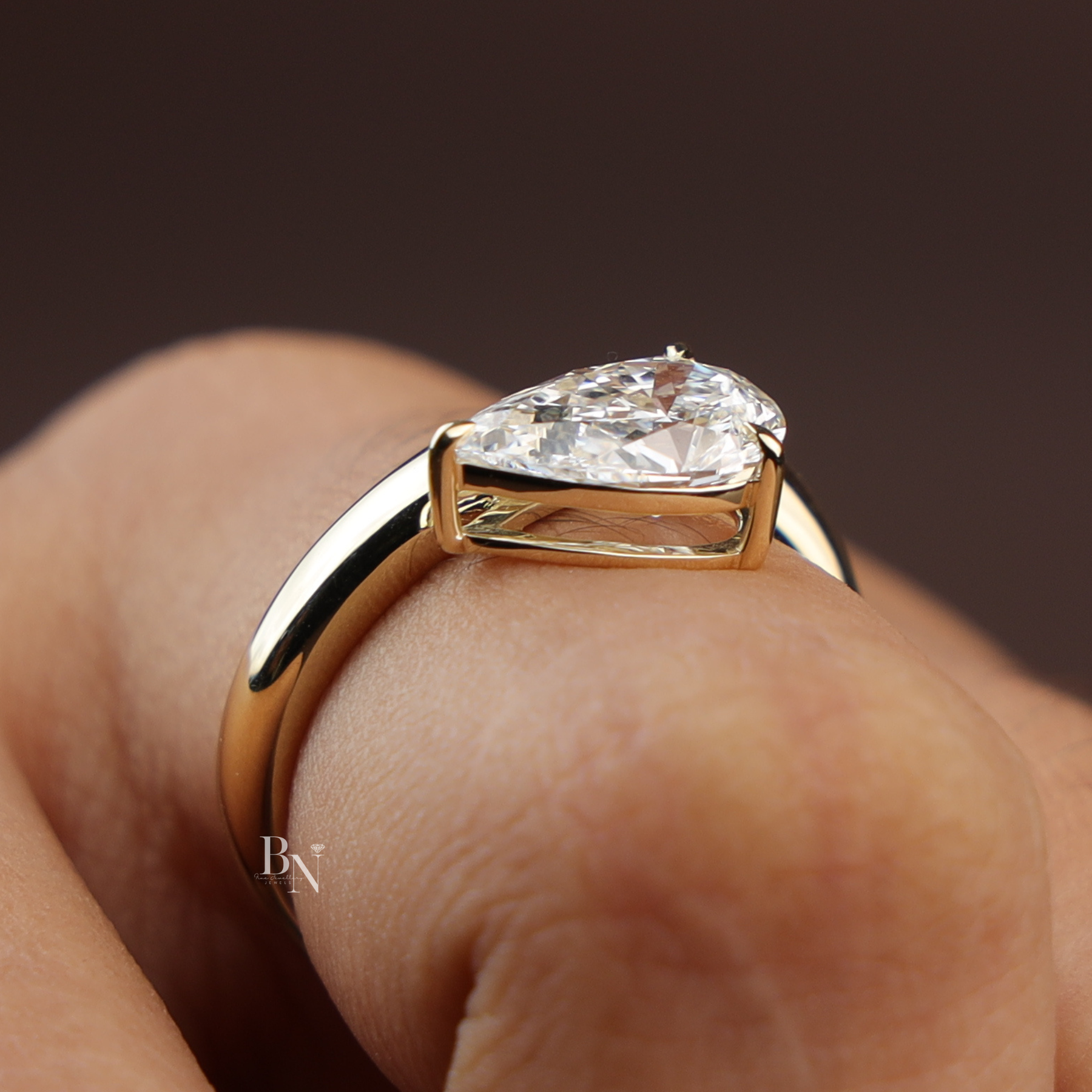 Pear Cut Lab Diamond Engagement Ring, 1.50 Carat Solitaire, Crossover Bypass Band, 14k Yellow Gold Ring