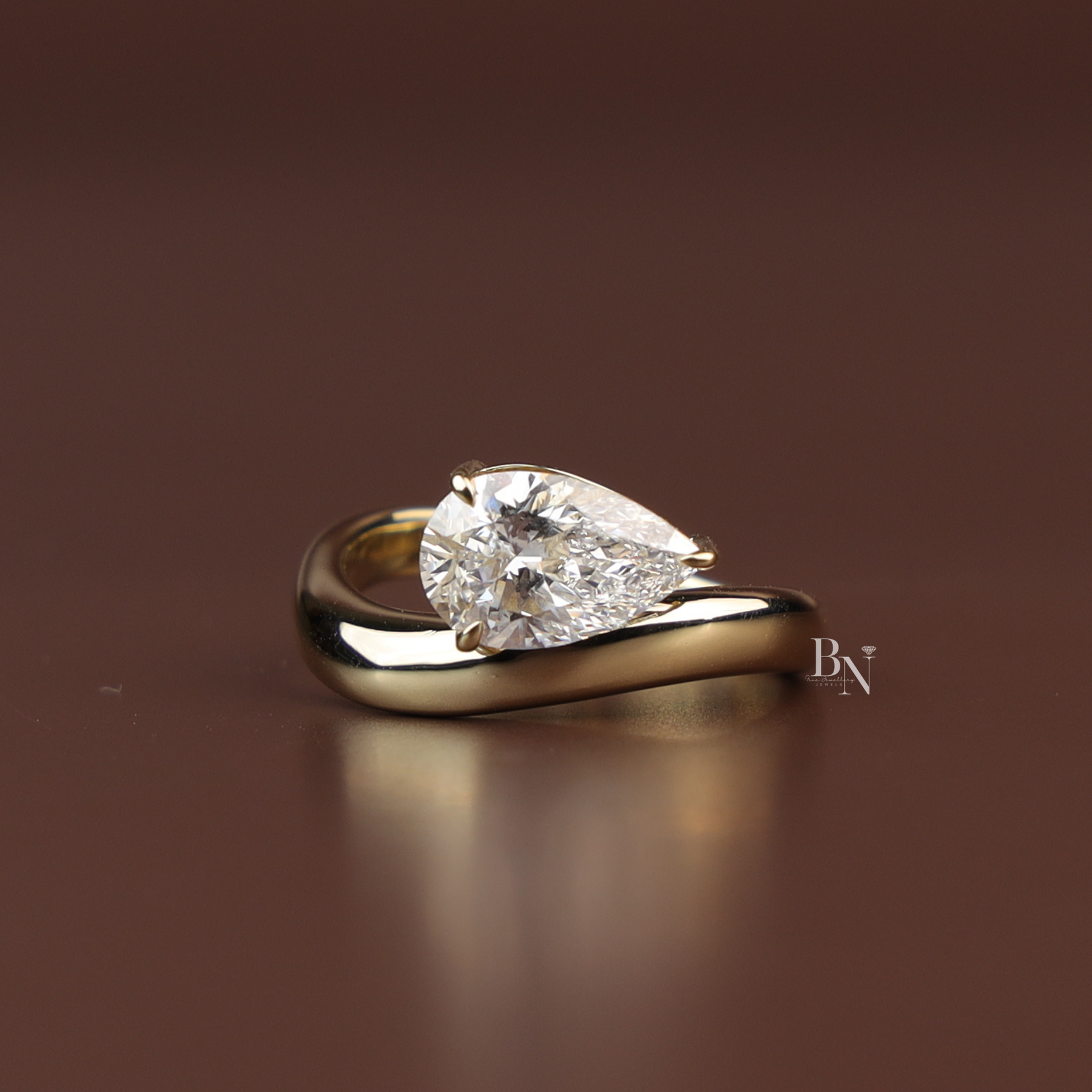 Pear Cut Lab Diamond Engagement Ring, 1.50 Carat Solitaire, Crossover Bypass Band, 14k Yellow Gold Ring
