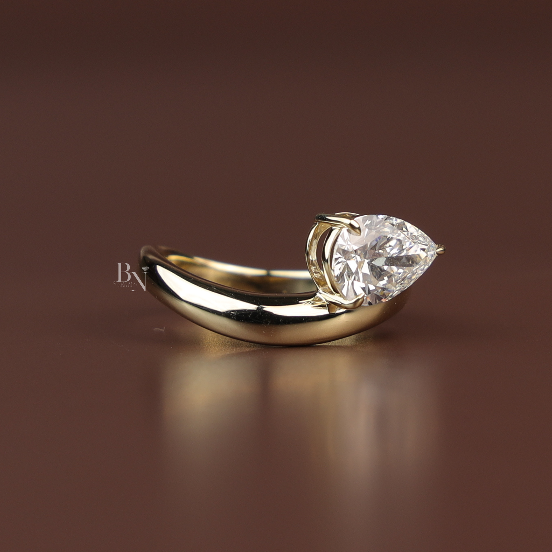Pear Cut Lab Diamond Engagement Ring, 1.50 Carat Solitaire, Crossover Bypass Band, 14k Yellow Gold Ring