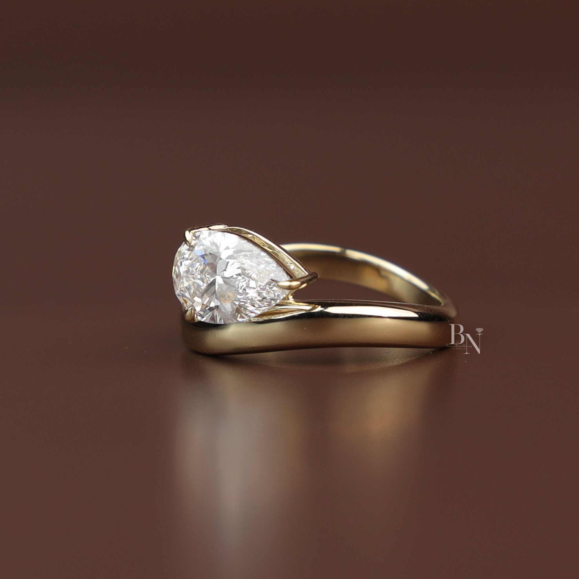 Pear Cut Lab Diamond Engagement Ring, 1.50 Carat Solitaire, Crossover Bypass Band, 14k Yellow Gold Ring