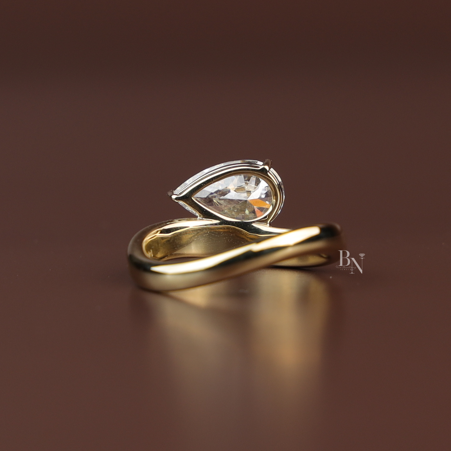 Pear Cut Lab Diamond Engagement Ring, 1.50 Carat Solitaire, Crossover Bypass Band, 14k Yellow Gold Ring