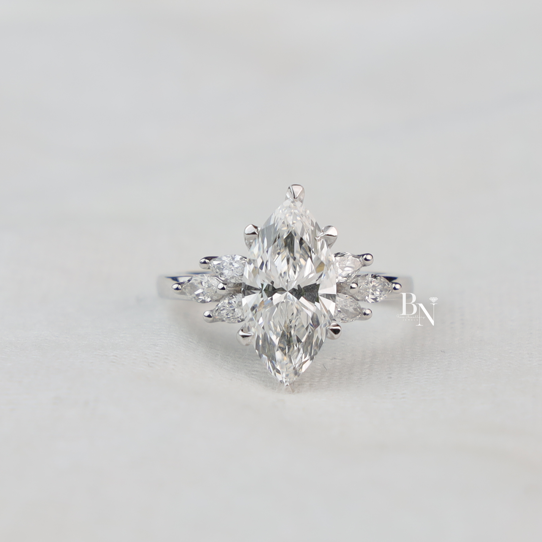 Marquise Lab Diamond Engagement Ring, 2 Carat Appearance Multi Stone Setting, White Gold Tone Bridal Ring
