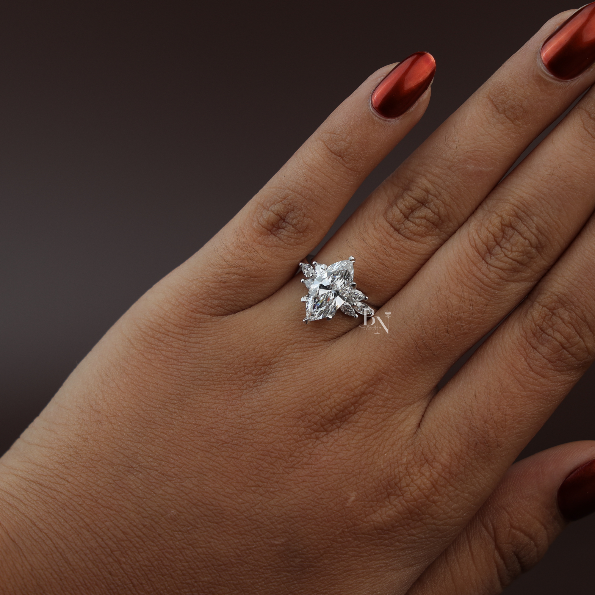 Marquise Lab Diamond Engagement Ring, 2 Carat Appearance Multi Stone Setting, White Gold Tone Bridal Ring