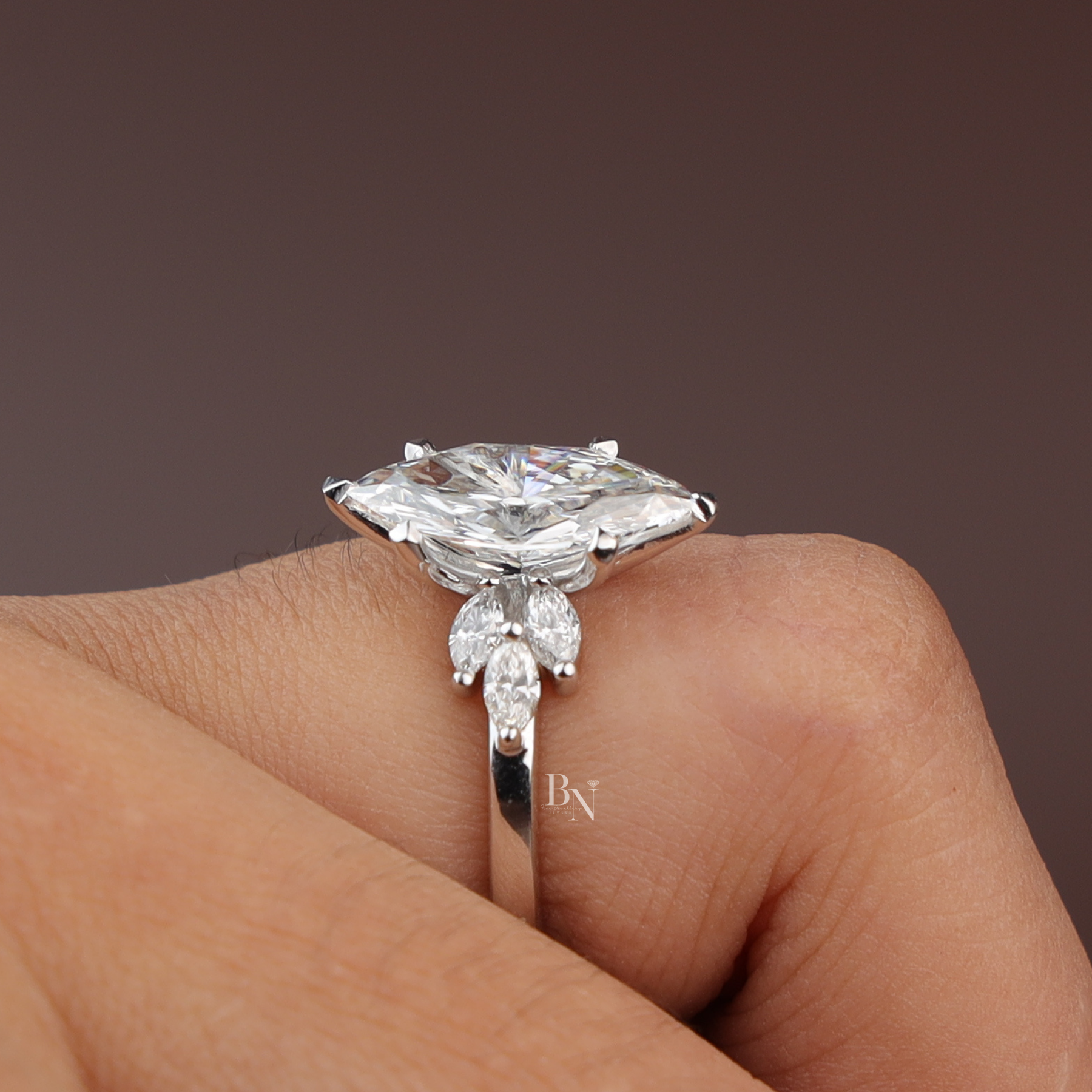 Marquise Lab Diamond Engagement Ring, 2 Carat Appearance Multi Stone Setting, White Gold Tone Bridal Ring