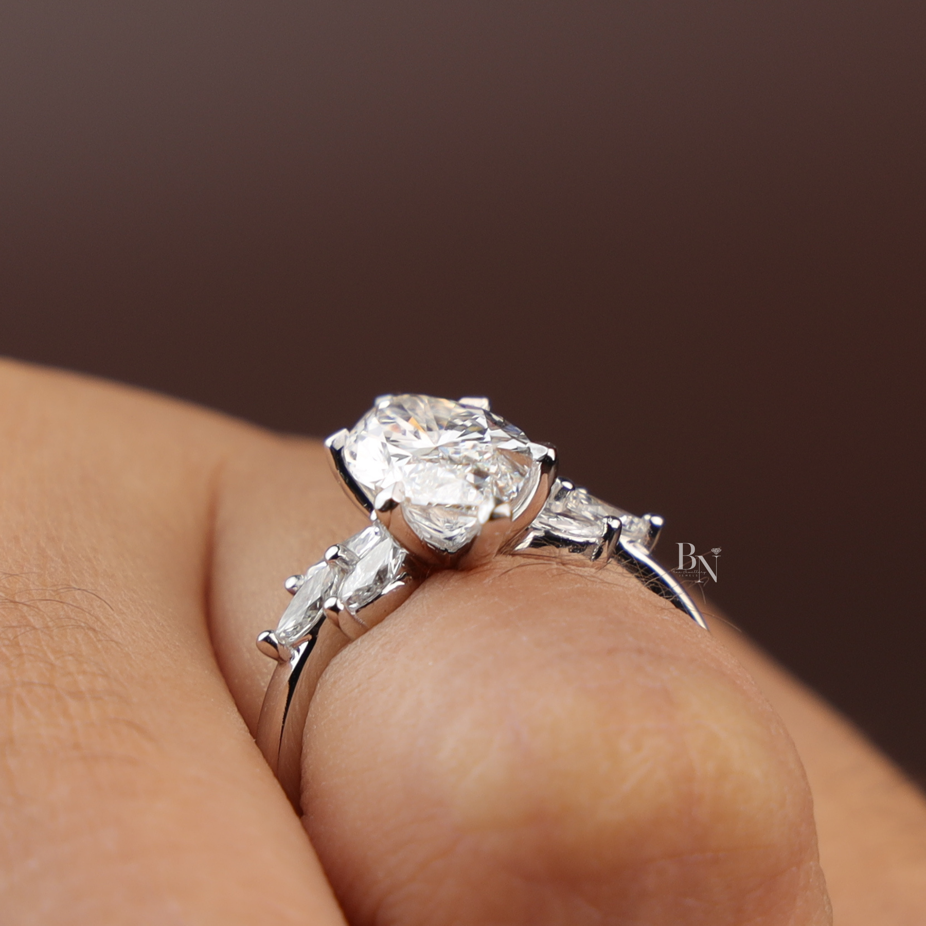 Marquise Lab Diamond Engagement Ring, 2 Carat Appearance Multi Stone Setting, White Gold Tone Bridal Ring