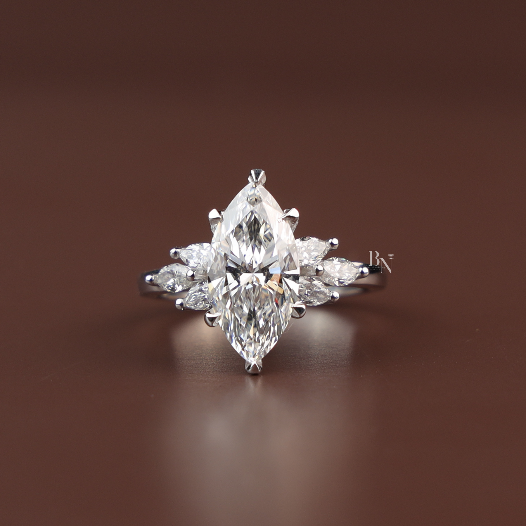 Marquise Lab Diamond Engagement Ring, 2 Carat Appearance Multi Stone Setting, White Gold Tone Bridal Ring