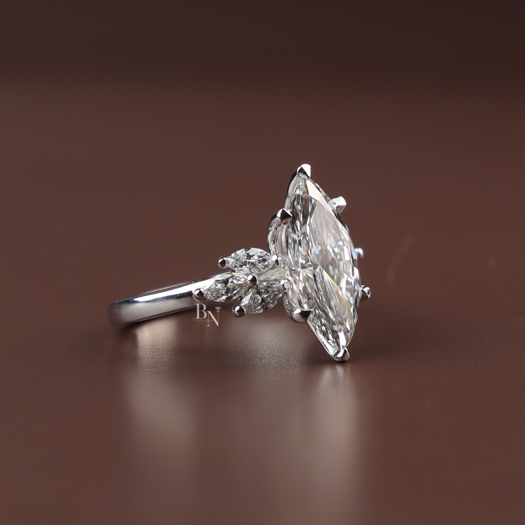 Marquise Lab Diamond Engagement Ring, 2 Carat Appearance Multi Stone Setting, White Gold Tone Bridal Ring