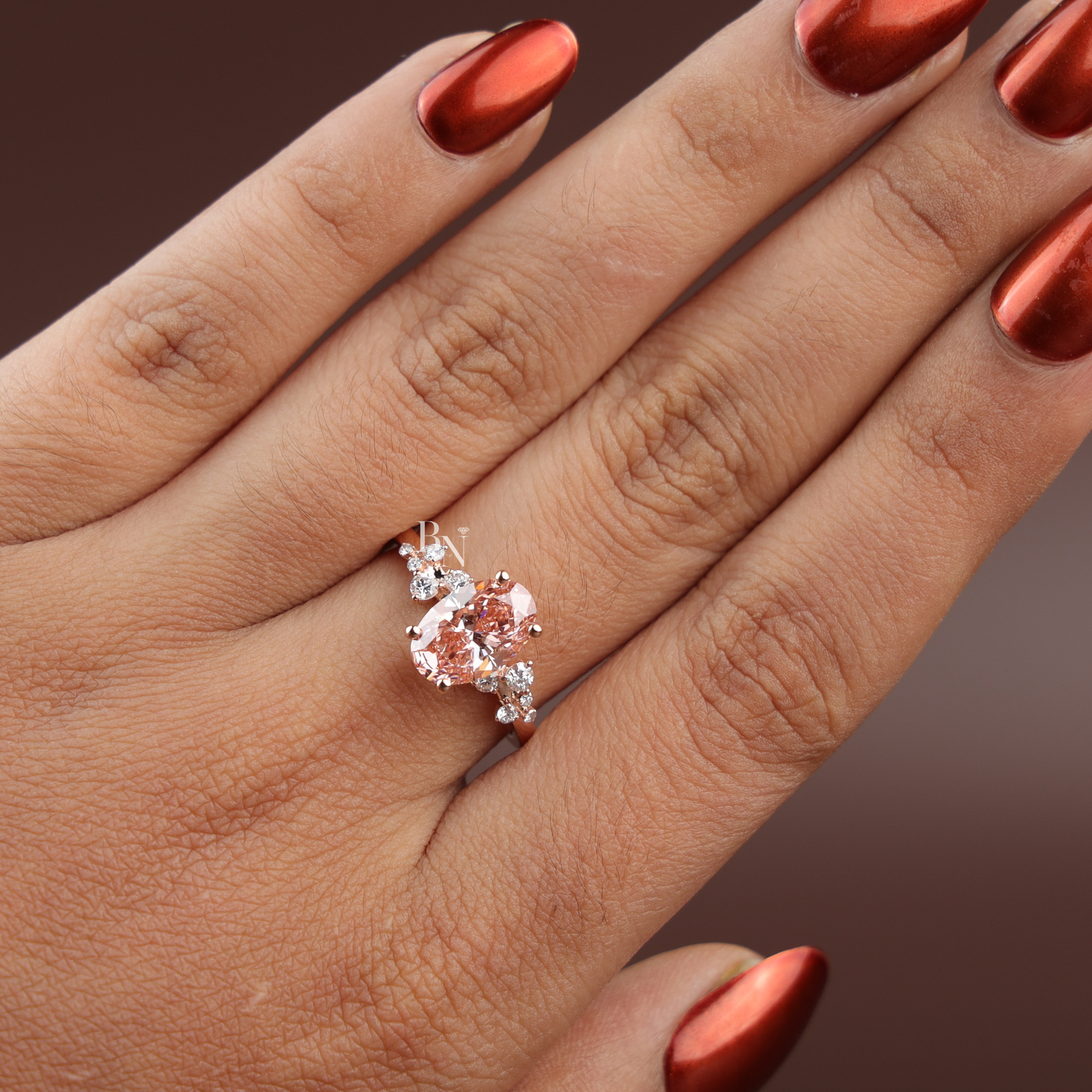 Oval Fancy Pink Lab Diamond Engagement Ring, 2 Carat Appearance Cluster Setting, Rose Gold Tone Bridal Ring