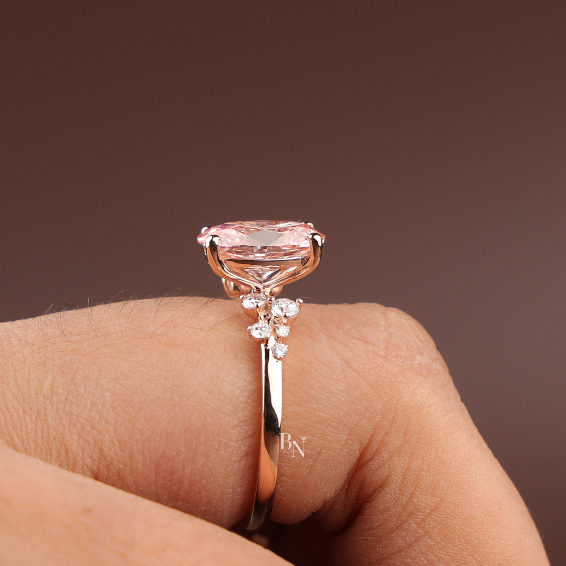 Oval Fancy Pink Lab Diamond Engagement Ring, 2 Carat Appearance Cluster Setting, Rose Gold Tone Bridal Ring