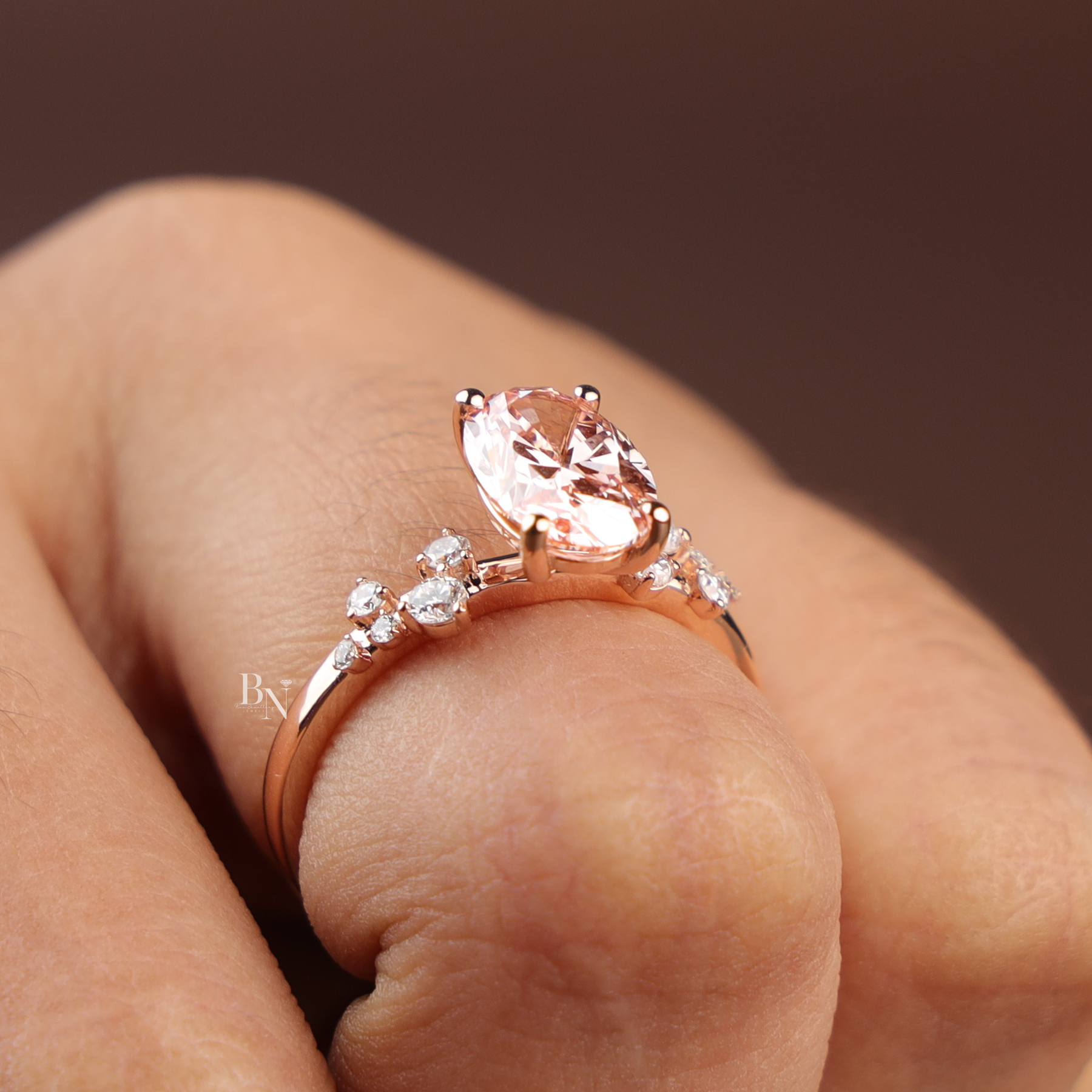 Oval Fancy Pink Lab Diamond Engagement Ring, 2 Carat Appearance Cluster Setting, Rose Gold Tone Bridal Ring