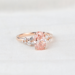 Oval Fancy Pink Lab Diamond Engagement Ring, 2 Carat Appearance Cluster Setting, Rose Gold Tone Bridal Ring