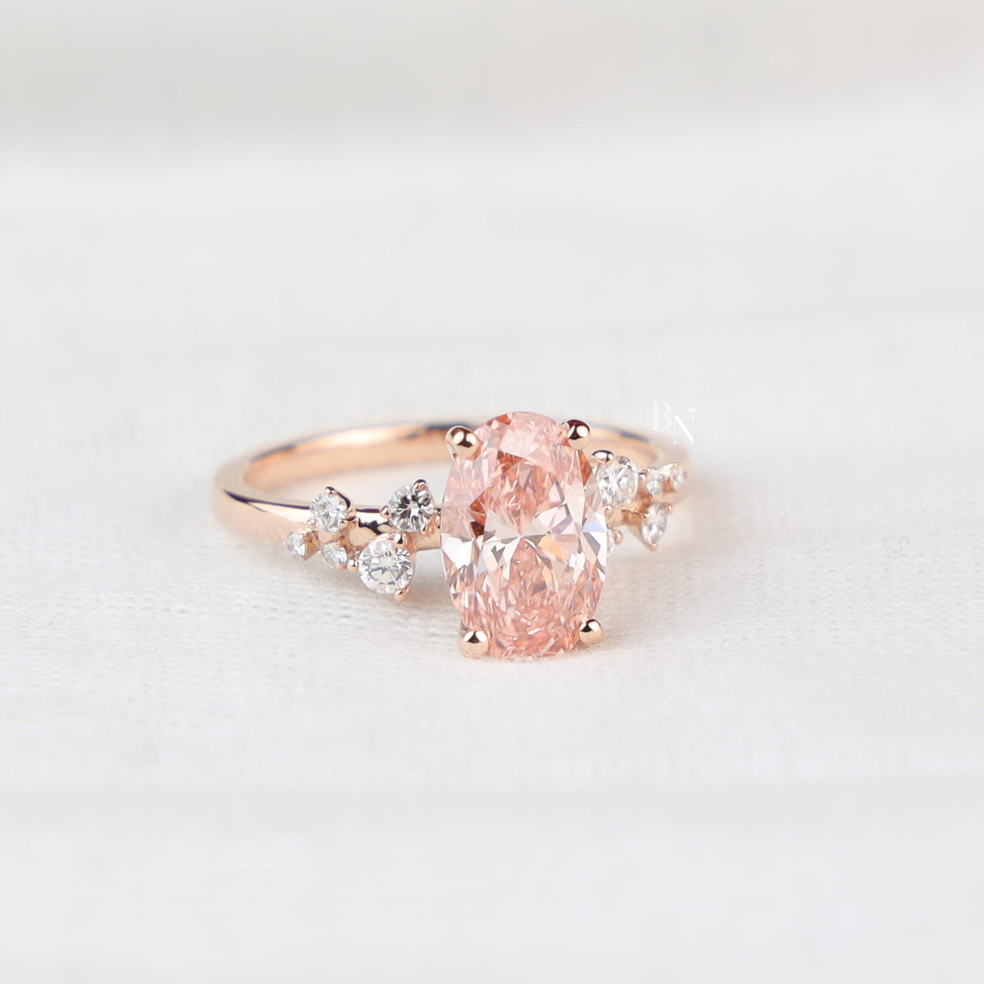 Oval Fancy Pink Lab Diamond Engagement Ring, 2 Carat Appearance Cluster Setting, Rose Gold Tone Bridal Ring