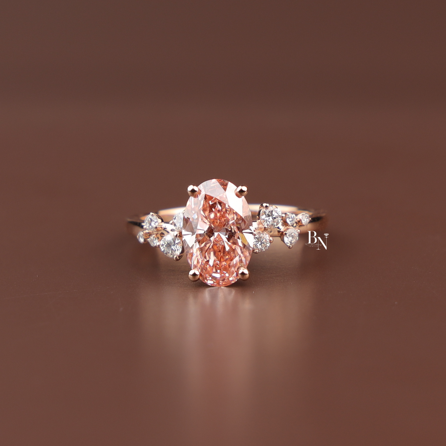Oval Fancy Pink Lab Diamond Engagement Ring, 2 Carat Appearance Cluster Setting, Rose Gold Tone Bridal Ring