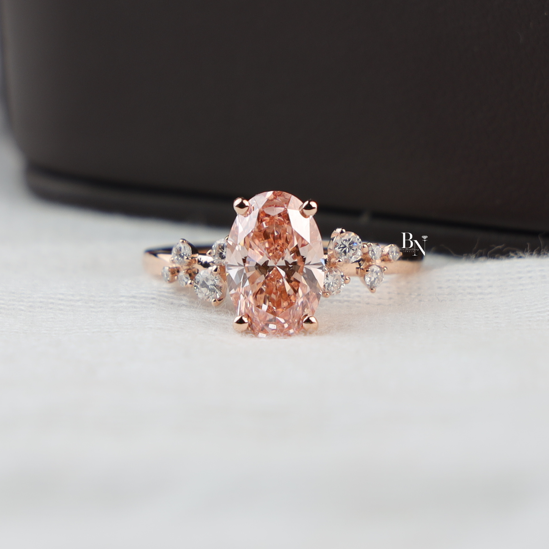 Oval Fancy Pink Lab Diamond Engagement Ring, 2 Carat Appearance Cluster Setting, Rose Gold Tone Bridal Ring