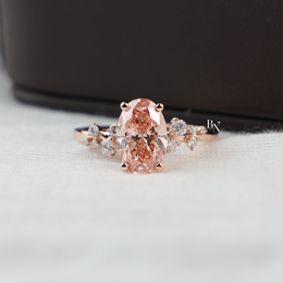 Oval Fancy Pink Lab Diamond Engagement Ring, 2 Carat Appearance Cluster Setting, Rose Gold Tone Bridal Ring