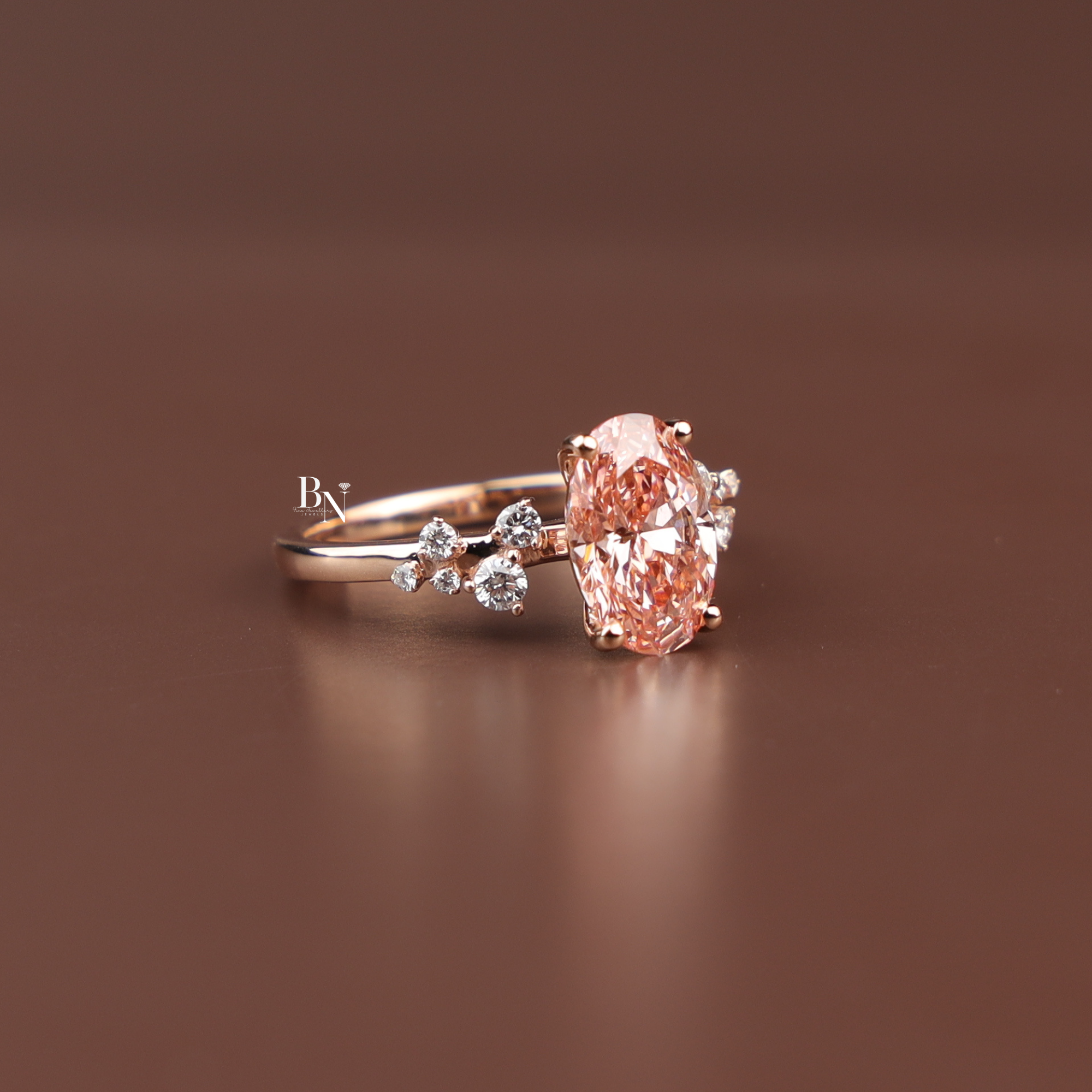 Oval Fancy Pink Lab Diamond Engagement Ring, 2 Carat Appearance Cluster Setting, Rose Gold Tone Bridal Ring